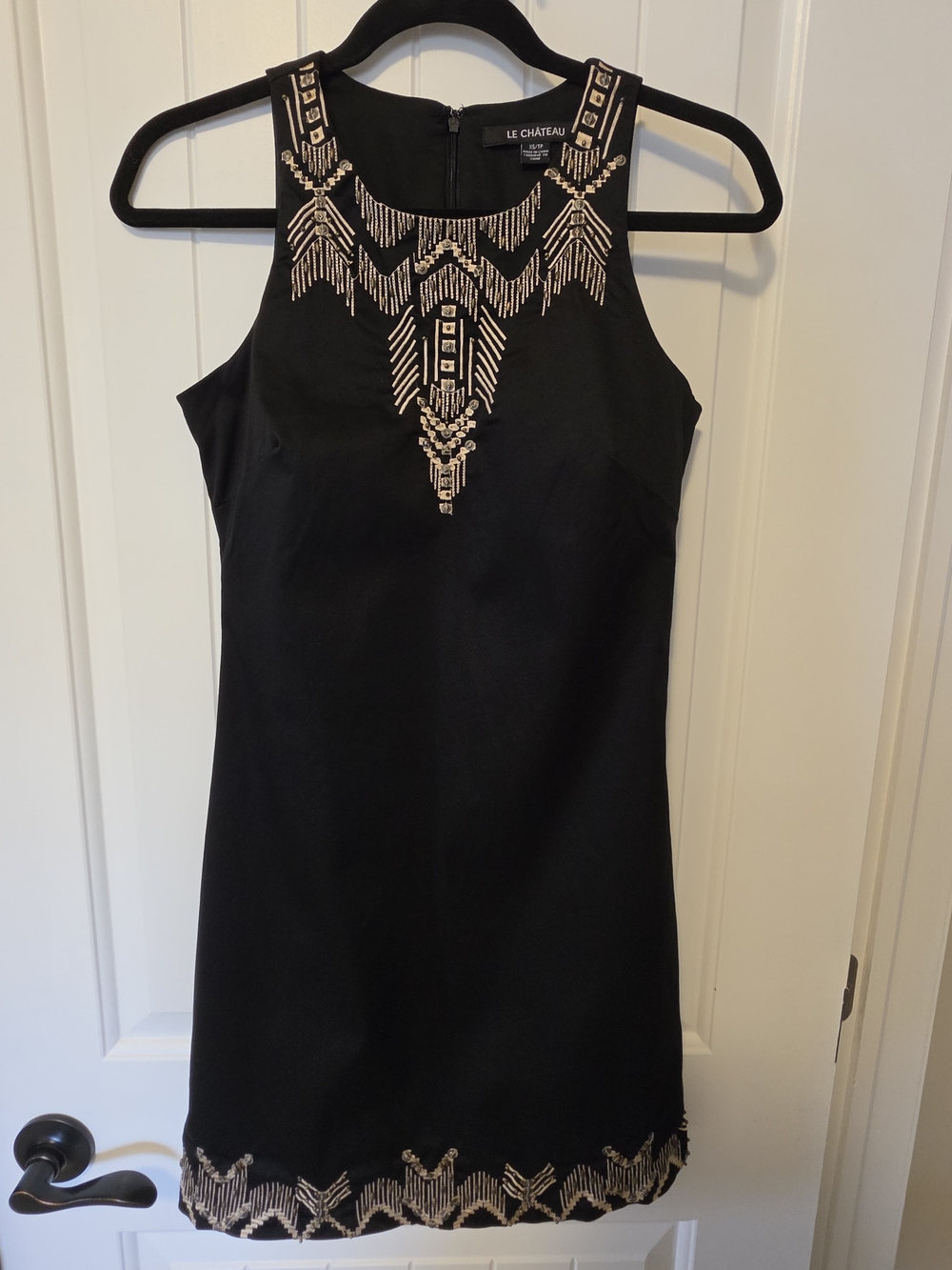 le chateau Black Mini Dress with Gold Beaded Neckline